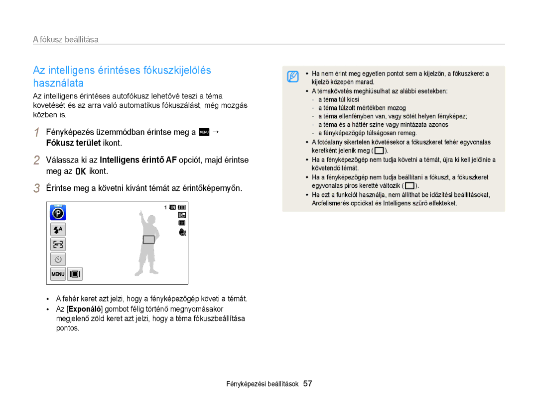 Samsung EC-WB210ZBPSE2 manual Az intelligens érintéses fókuszkijelölés használata, Fókusz beállítása, Fókusz terület ikont 