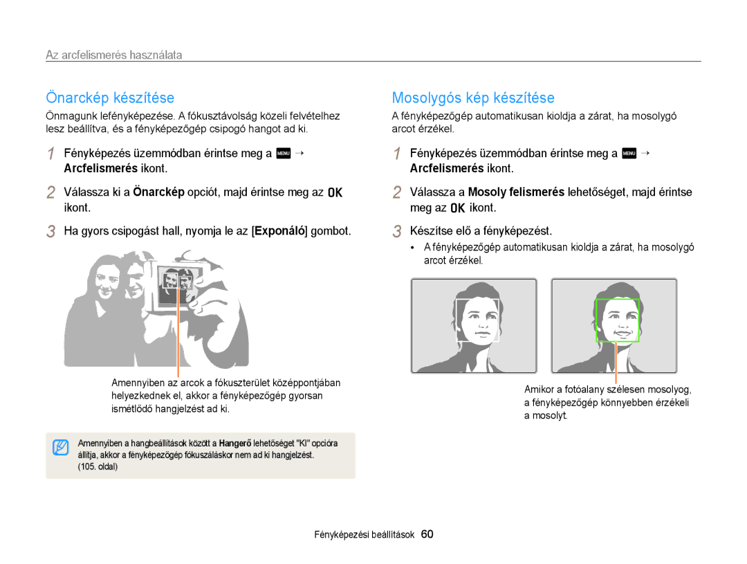 Samsung EC-WB210ZBPBE1, EC-WB210ZBPRE1 manual Önarckép készítése, Mosolygós kép készítése, Az arcfelismerés használata 