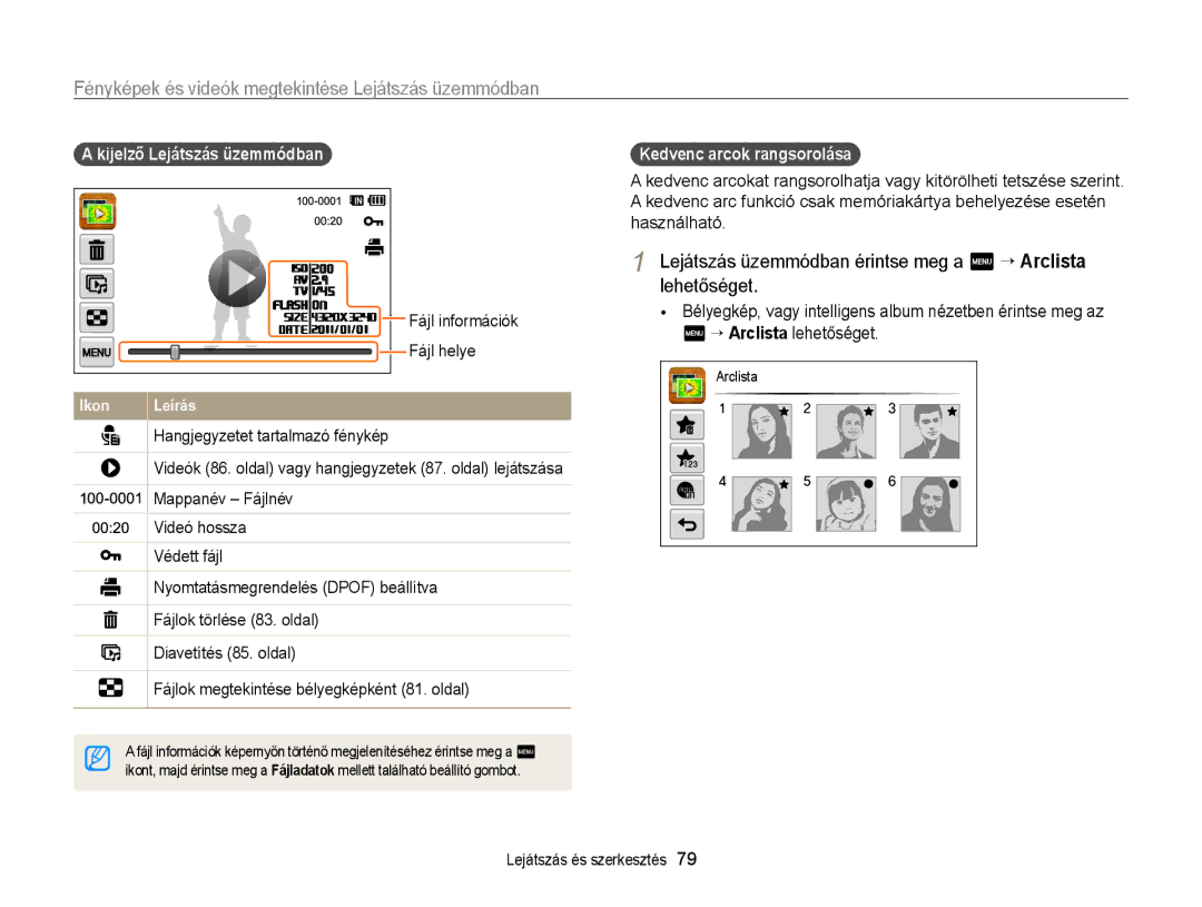 Samsung EC-WB210ZBPBE3 manual Lejátszás üzemmódban érintse meg a m “ Arclista lehetőséget, Kijelző Lejátszás üzemmódban 