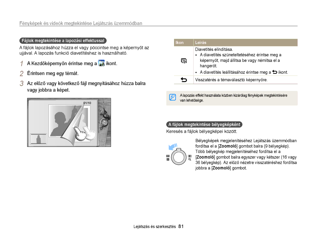 Samsung EC-WB210ZBPSE2 manual Érintsen meg egy témát, Vagy jobbra a képet, Fájlok megtekintése a lapozási effektussal 