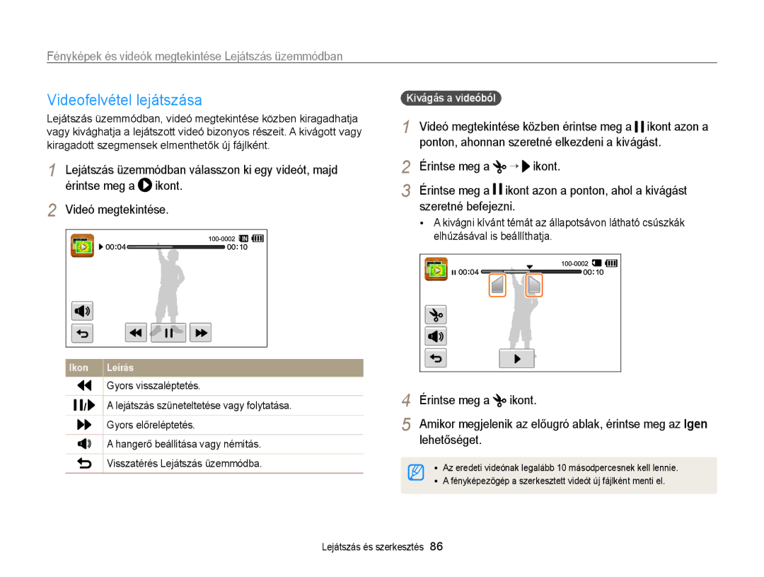 Samsung EC-WB210ZBPSE3 Videofelvétel lejátszása, Ponton, ahonnan szeretné elkezdeni a kivágást, Érintse meg a “ ikont 