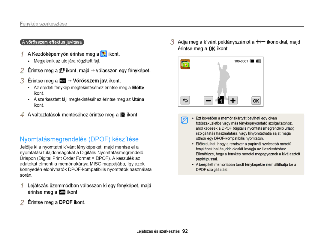 Samsung EC-WB210ZBPSE3, EC-WB210ZBPRE1 manual Nyomtatásmegrendelés Dpof készítése, Érintse meg a m “ Vörösszem jav. ikont 