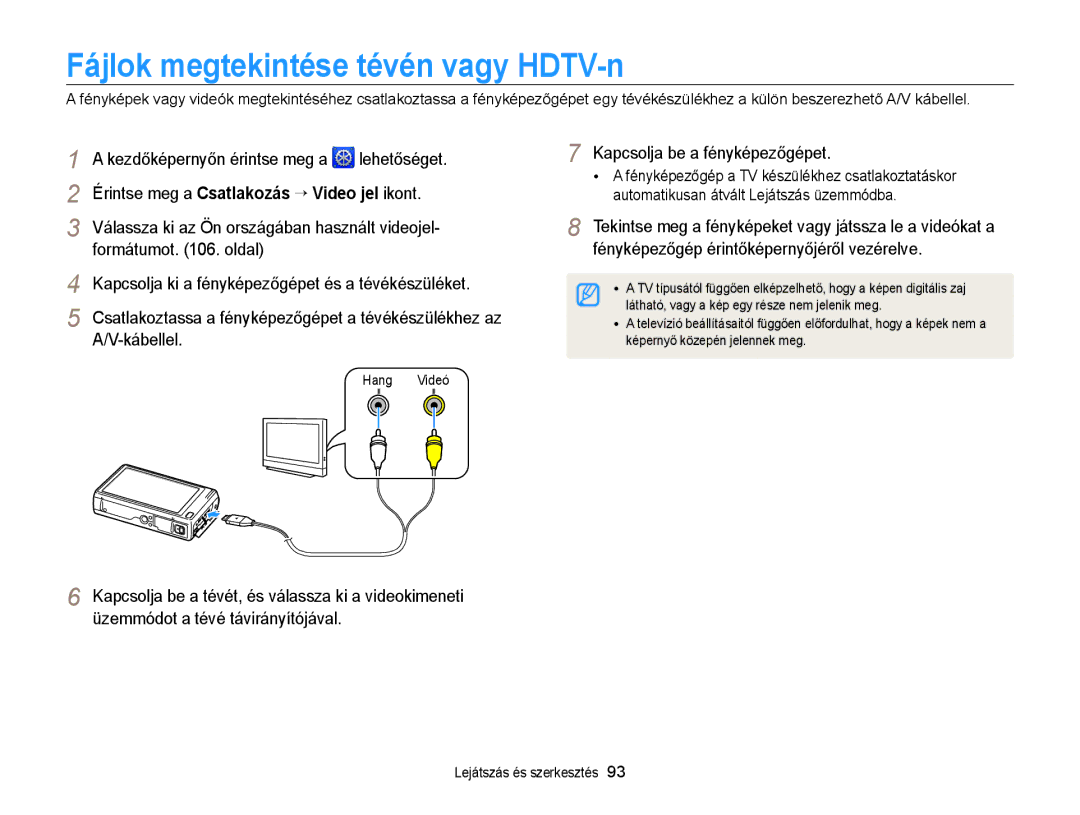 Samsung EC-WB210ZBPSE2 manual Fájlok megtekintése tévén vagy HDTV-n, Formátumot . oldal Kapcsolja be a fényképezőgépet 