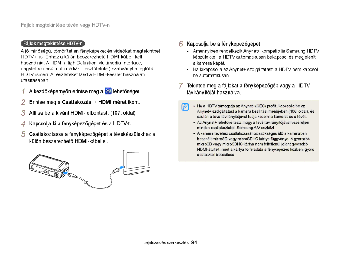 Samsung EC-WB210ZBPBE2, EC-WB210ZBPRE1 Fájlok megtekintése tévén vagy HDTV-n, Állítsa be a kívánt HDMI-felbontást . oldal 