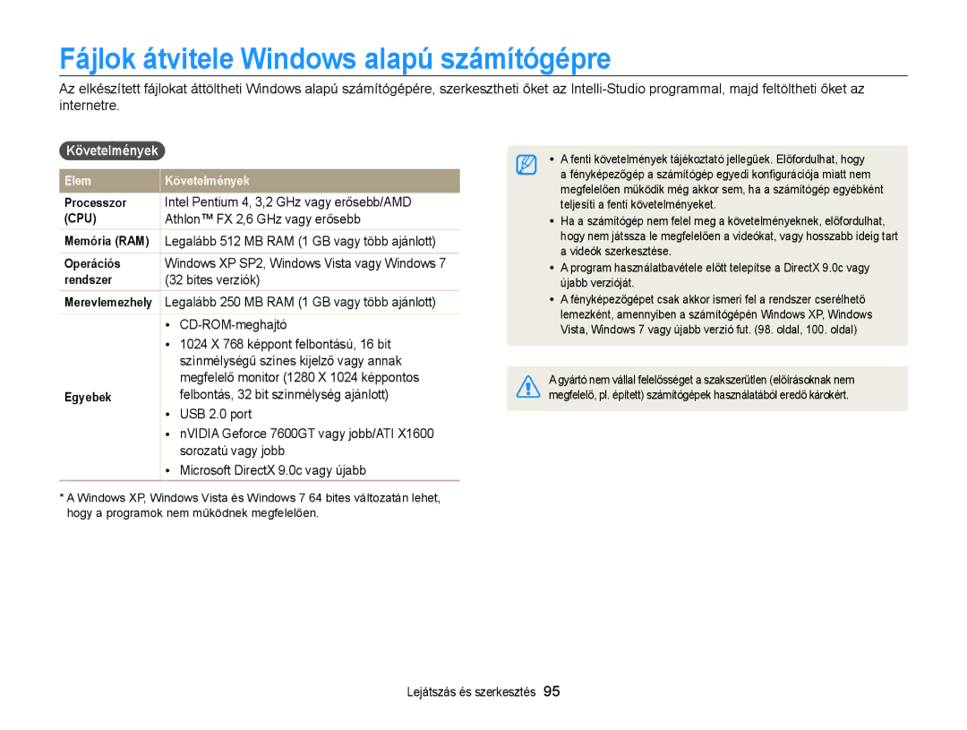 Samsung EC-WB210ZBPRE1, EC-WB210ZBPBE1, EC-WB210ZBPBE3 manual Fájlok átvitele Windows alapú számítógépre, Követelmények 