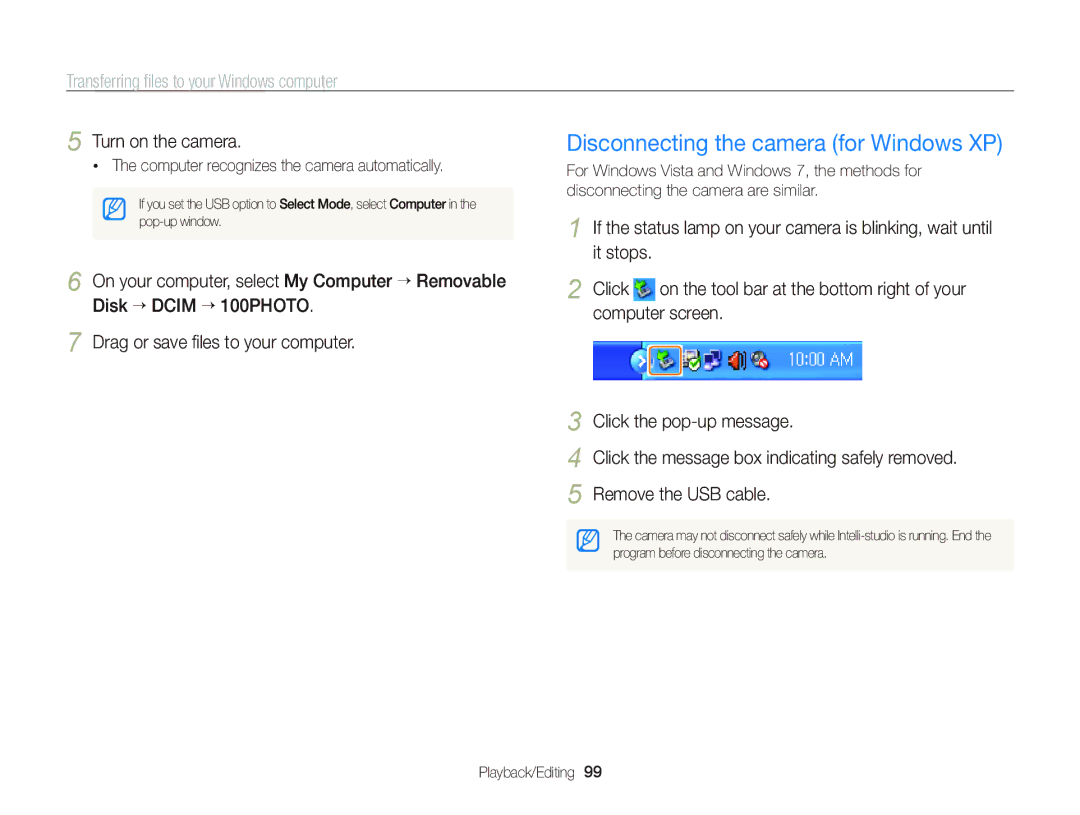 Samsung EC-WB210ZBPRE1, EC-WB210ZBPBE1, EC-WB210ZBPSSA manual Disconnecting the camera for Windows XP, Turn on the camera 