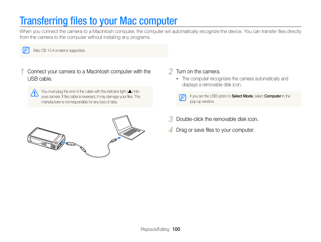 Samsung EC-WB210ZBPBE1, EC-WB210ZBPRE1, EC-WB210ZBPSSA, EC-WB210ZDPRIR, EC-WB210ZDPSME Transferring ﬁles to your Mac computer 