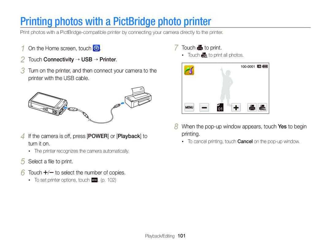 Samsung EC-WB210ZBPSSA, EC-WB210ZBPRE1, EC-WB210ZBPBE1, EC-WB210ZDPRIR manual Printing photos with a PictBridge photo printer 