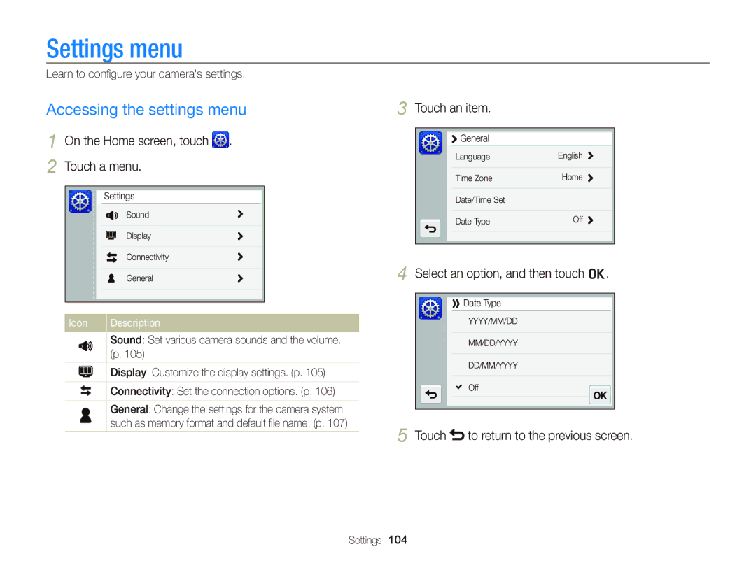 Samsung EC-WB210ZDPSIR, EC-WB210ZBPRE1, EC-WB210ZBPBE1 Settings menu, Touch an item, Touch to return to the previous screen 