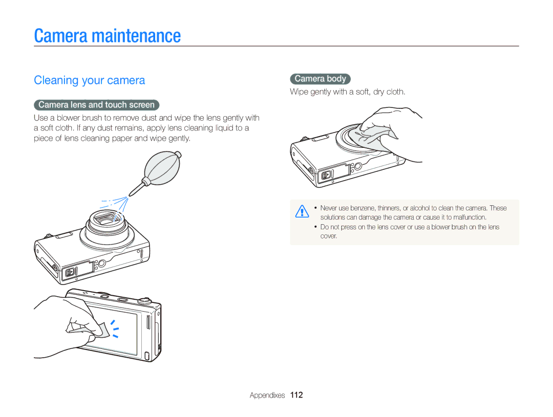 Samsung EC-WB210ZBDBVN, EC-WB210ZBPRE1 Camera maintenance, Cleaning your camera, Camera lens and touch screen, Camera body 