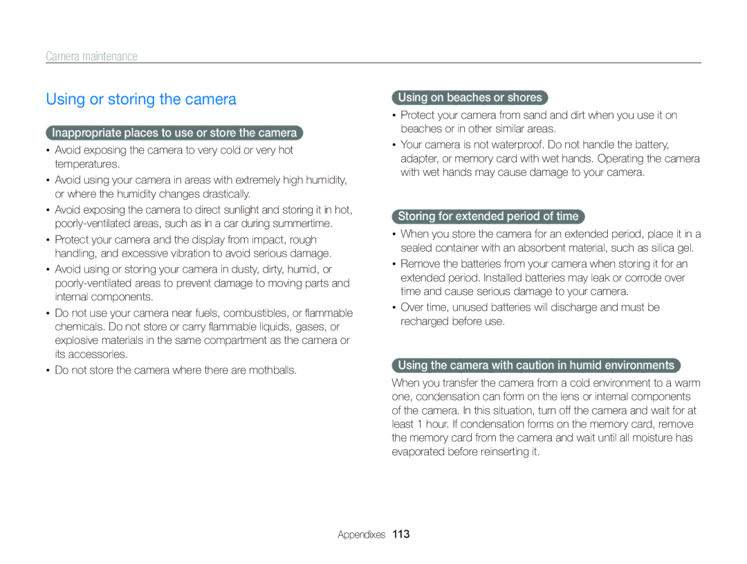 Samsung EC-WB210ZBPBE3, EC-WB210ZBPRE1, EC-WB210ZBPBE1, EC-WB210ZBPSSA manual Using or storing the camera, Camera maintenance 