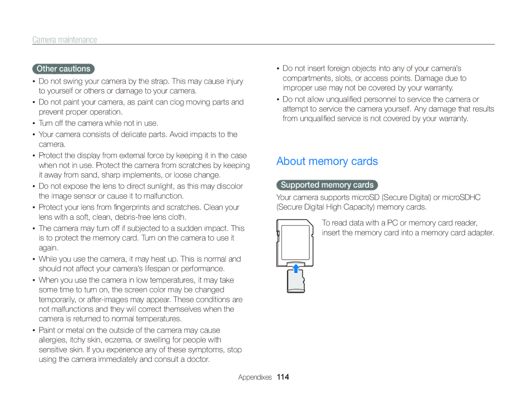 Samsung EC-WB210ZBPSE3, EC-WB210ZBPRE1, EC-WB210ZBPBE1 manual About memory cards, Other cautions, Supported memory cards 