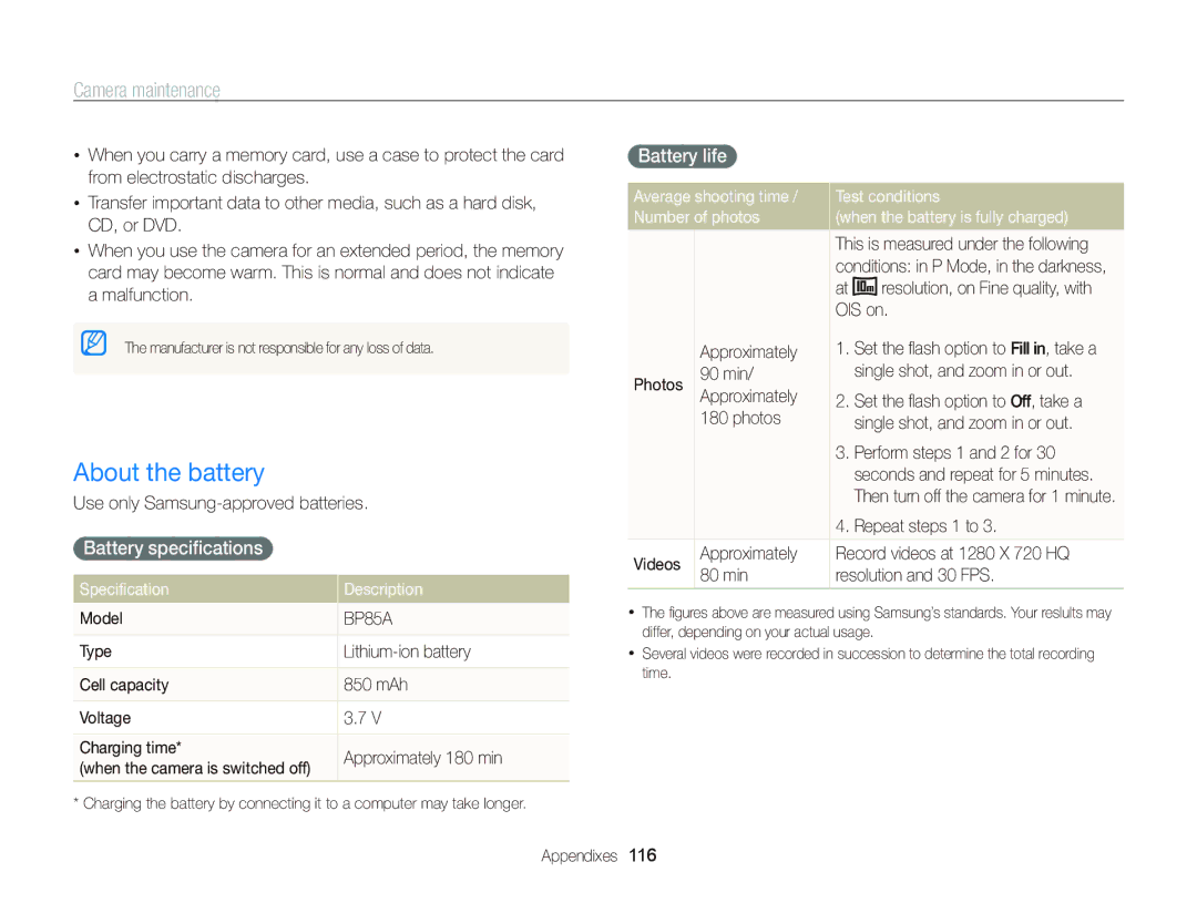 Samsung EC-WB210ZBPBE2, EC-WB210ZBPRE1 About the battery, Battery speciﬁcations, Battery life, Speciﬁcation Description 