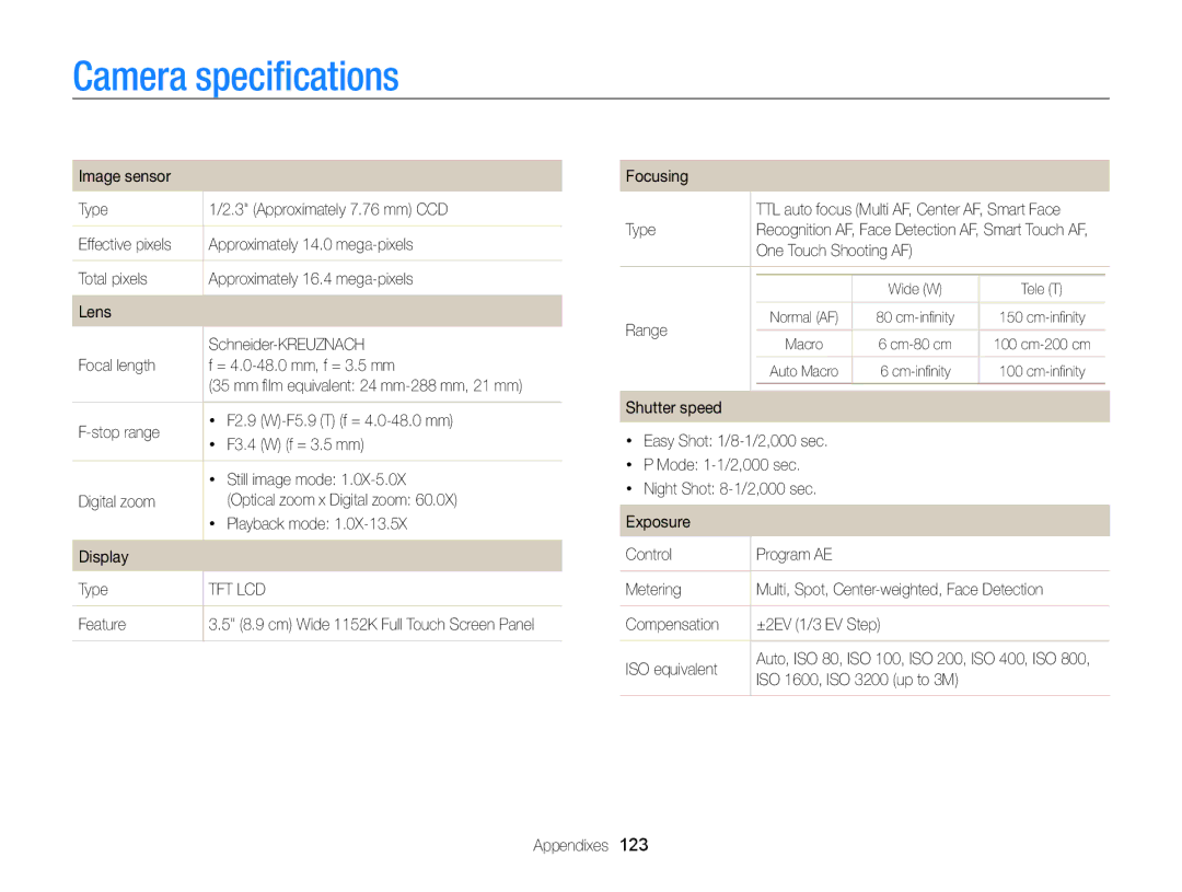 Samsung EC-WB210ZDPSME, EC-WB210ZBPRE1, EC-WB210ZBPBE1, EC-WB210ZBPSSA, EC-WB210ZDPRIR, EC-WB210ZDPSIR Camera speciﬁcations 