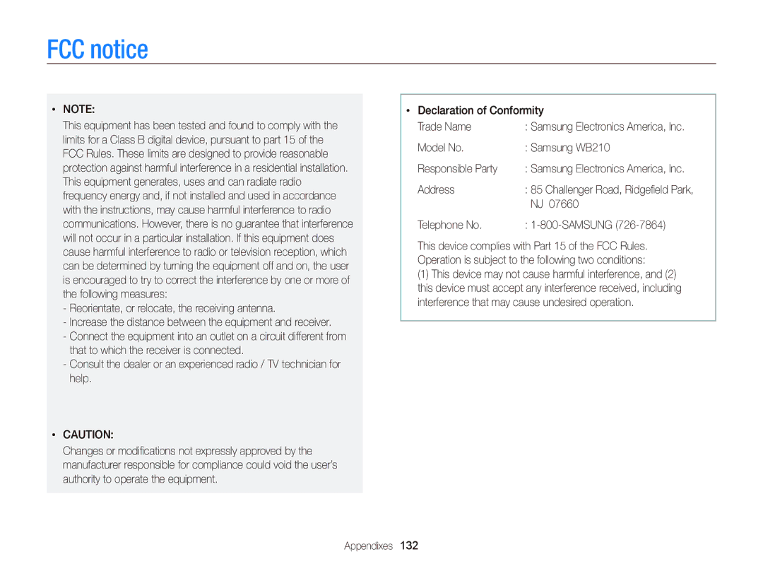 Samsung EC-WB210ZBDBVN, EC-WB210ZBPRE1 FCC notice, Model No Samsung WB210 Responsible Party, Address, Telephone No Samsung 