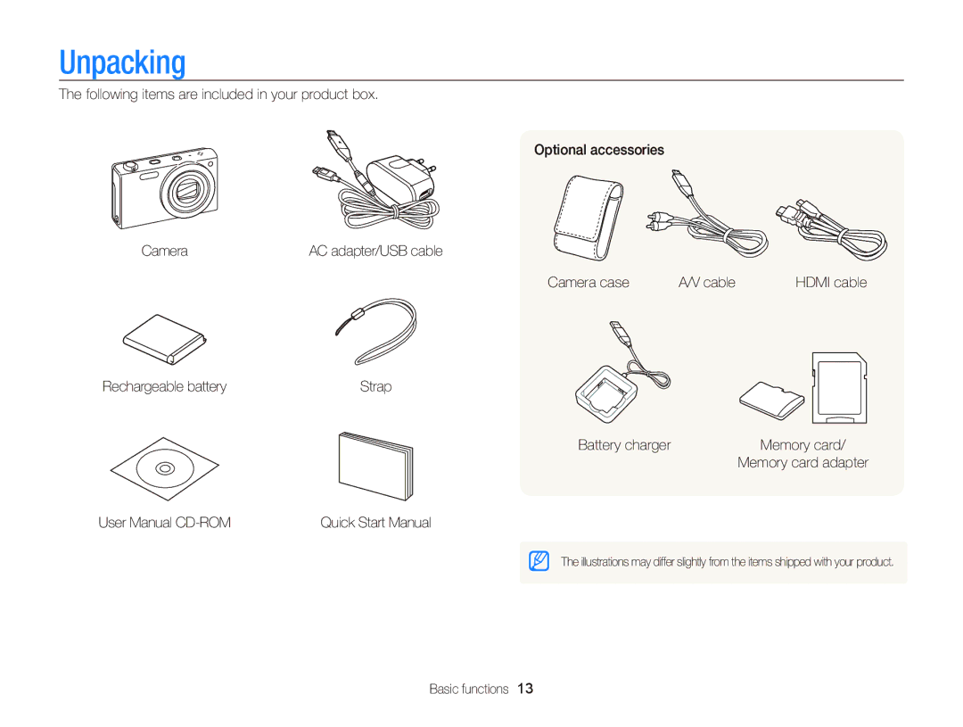 Samsung EC-WB210ZBPBE3 manual Unpacking, Camera case Cable, Rechargeable battery, Battery charger, Basic functions 