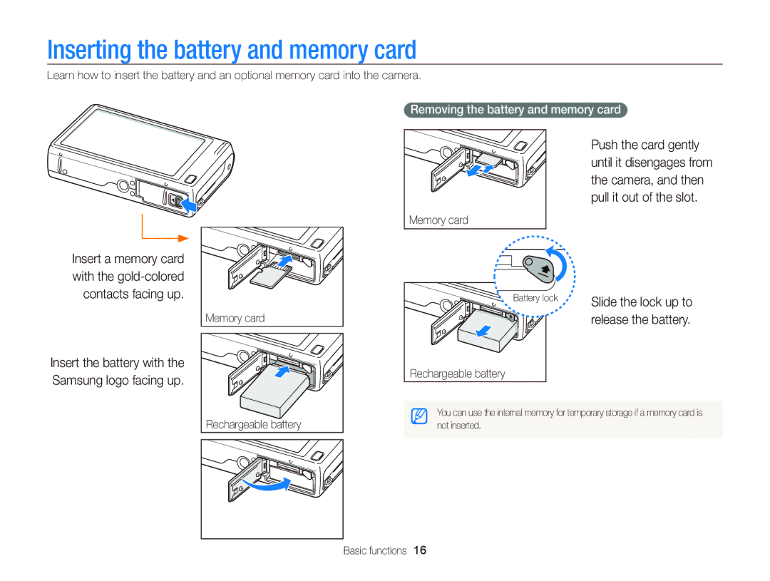 Samsung EC-WB210ZBPBE2 Inserting the battery and memory card, Removing the battery and memory card, Slide the lock up to 