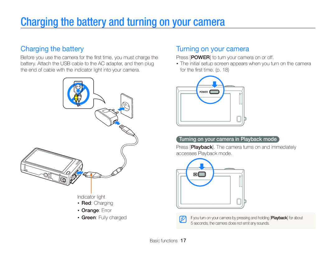 Samsung EC-WB210ZBPSRU, EC-WB210ZBPRE1 manual Charging the battery and turning on your camera, Turning on your camera 