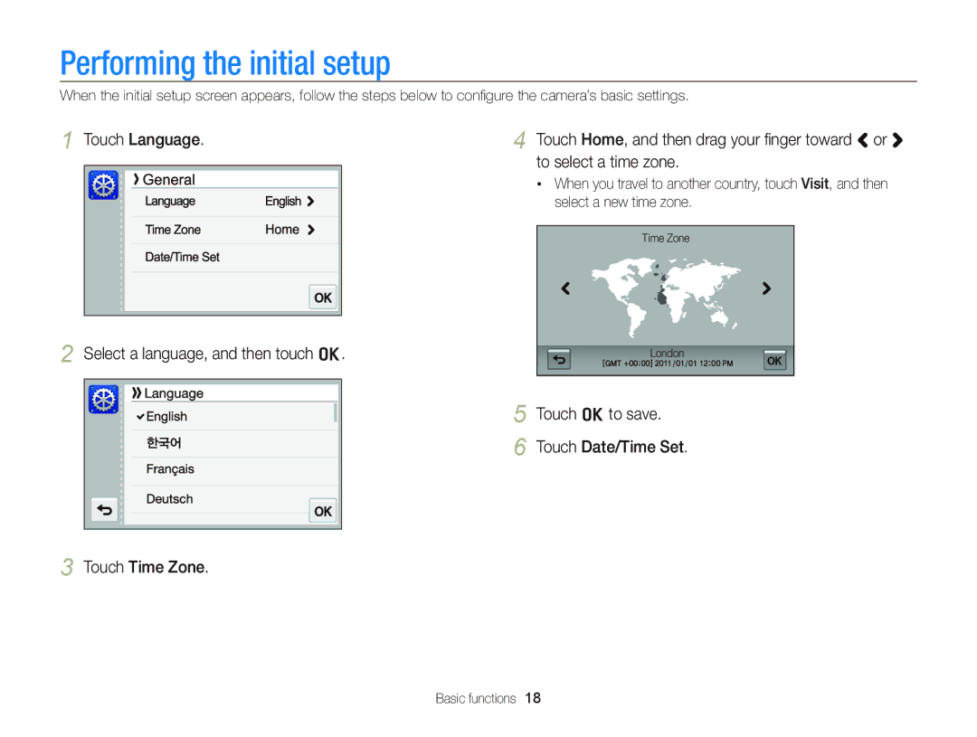 Samsung EC-WB210ZBPBRU manual Performing the initial setup, Touch Language, To select a time zone, Touch o to save 