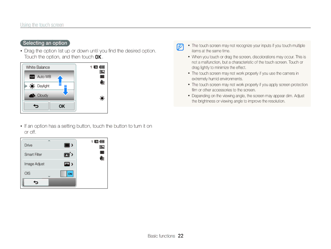 Samsung EC-WB210ZDPRIR, EC-WB210ZBPRE1, EC-WB210ZBPBE1, EC-WB210ZBPSSA manual Using the touch screen, Selecting an option 