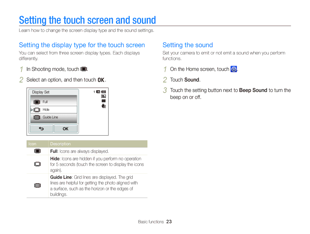 Samsung EC-WB210ZDPSME, EC-WB210ZBPRE1 Setting the touch screen and sound, Setting the display type for the touch screen 