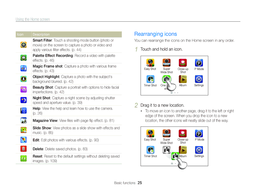 Samsung EC-WB210ZBPBSA manual Rearranging icons, Using the Home screen, Touch and hold an icon, Drag it to a new location 