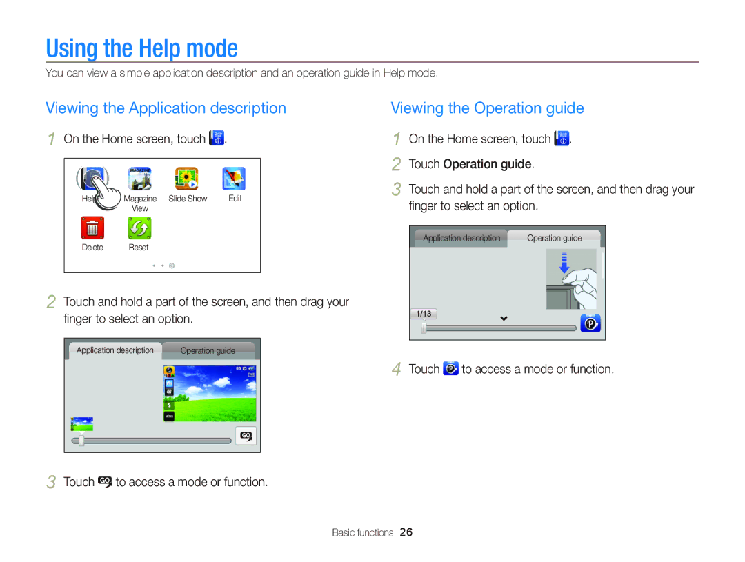 Samsung EC-WB210ZDPBME manual Using the Help mode, Viewing the Application description, Viewing the Operation guide 