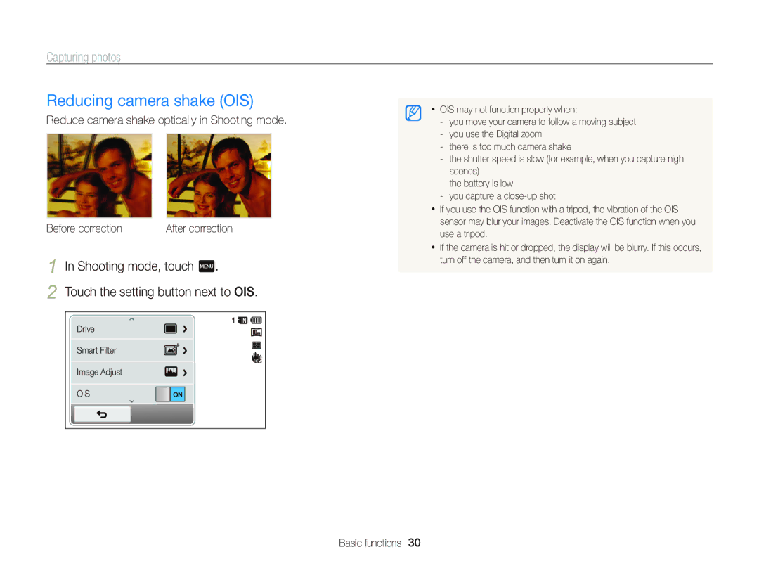 Samsung EC-WB210ZBPSE1 manual Reducing camera shake OIS, Shooting mode, touch m Touch the setting button next to OIS 