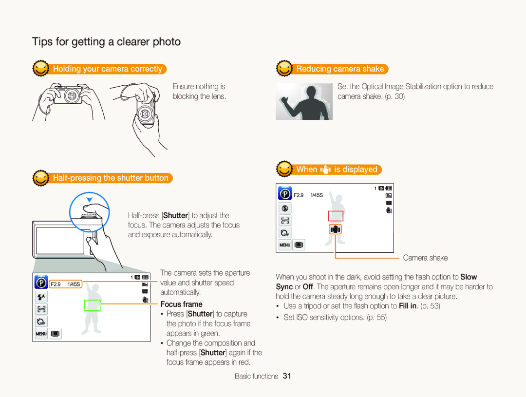 Samsung EC-WB210ZBDSVN manual Holding your camera correctly Reducing camera shake, Half-pressing the shutter button 