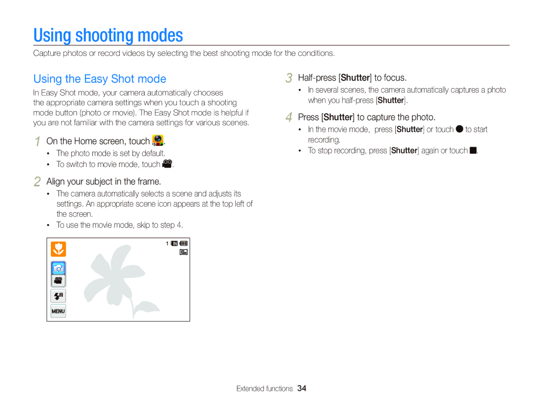 Samsung EC-WB210ZBPSE3, EC-WB210ZBPRE1 Using shooting modes, Using the Easy Shot mode, Press Shutter to capture the photo 