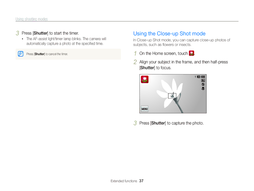 Samsung EC-WB210ZBPSRU, EC-WB210ZBPRE1 Using the Close-up Shot mode, Press Shutter to start the timer, Shutter to focus 