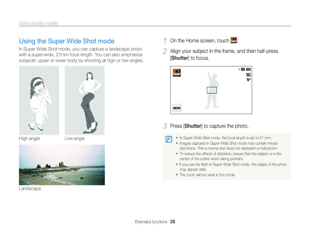 Samsung EC-WB210ZBPBRU, EC-WB210ZBPRE1 manual Using the Super Wide Shot mode, High angle, Landscape Extended functions 
