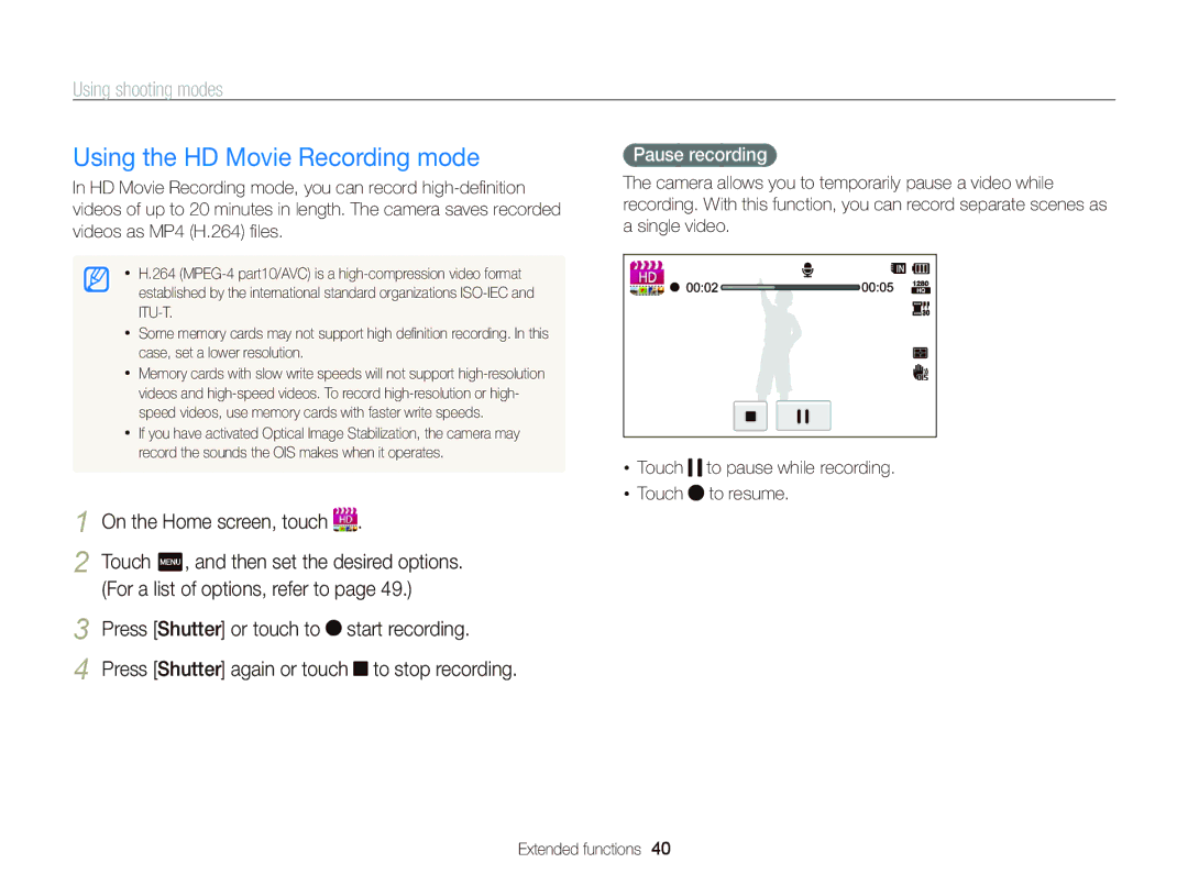 Samsung EC-WB210ZBPBE1 manual Using the HD Movie Recording mode, Touch m, and then set the desired options, Pause recording 