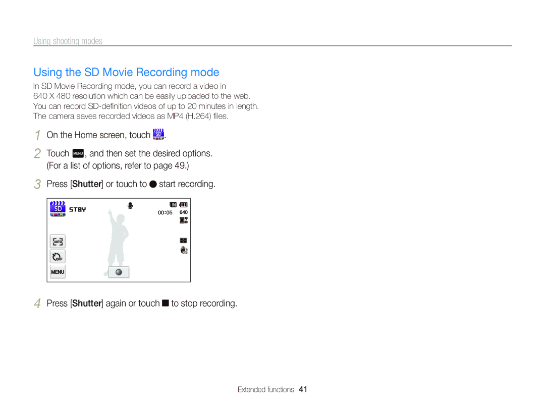 Samsung EC-WB210ZBPSSA, EC-WB210ZBPRE1 Using the SD Movie Recording mode, Press Shutter again or touch to stop recording 