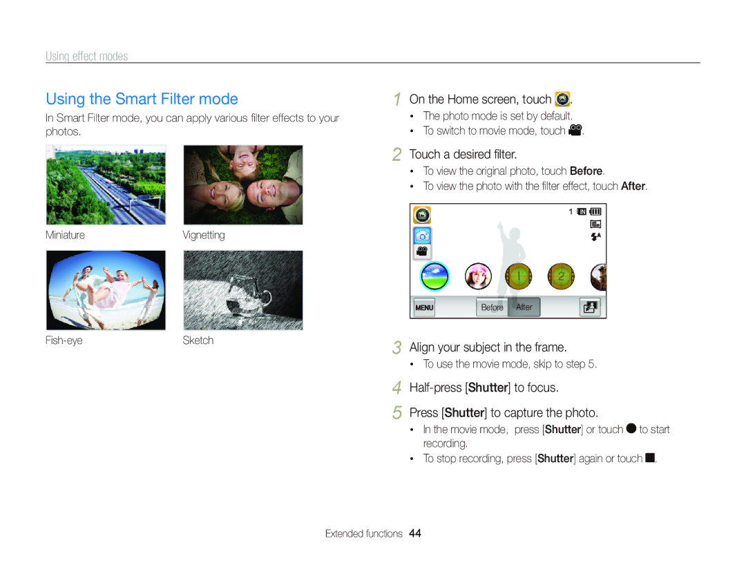 Samsung EC-WB210ZDPSIR manual Using the Smart Filter mode, Touch a desired ﬁlter, MiniatureVignetting Fish-eyeSketch 