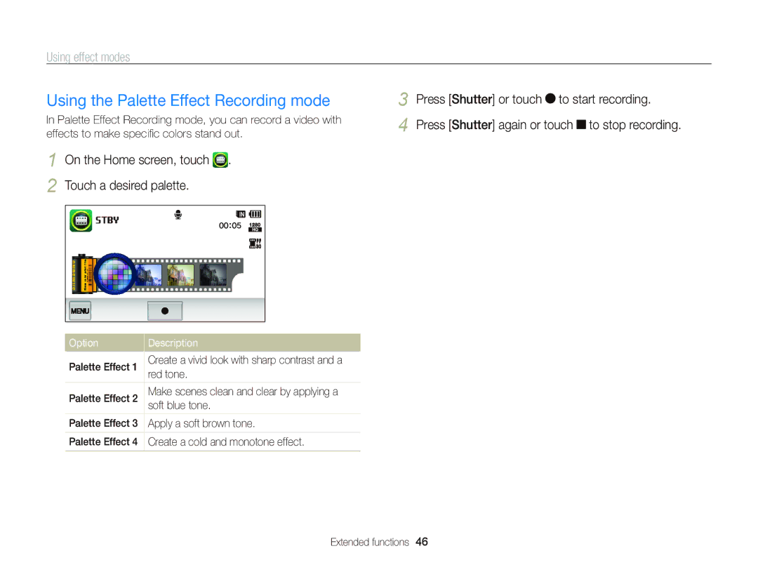 Samsung EC-WB210ZDPBME manual Using the Palette Effect Recording mode, Red tone, Soft blue tone, Apply a soft brown tone 