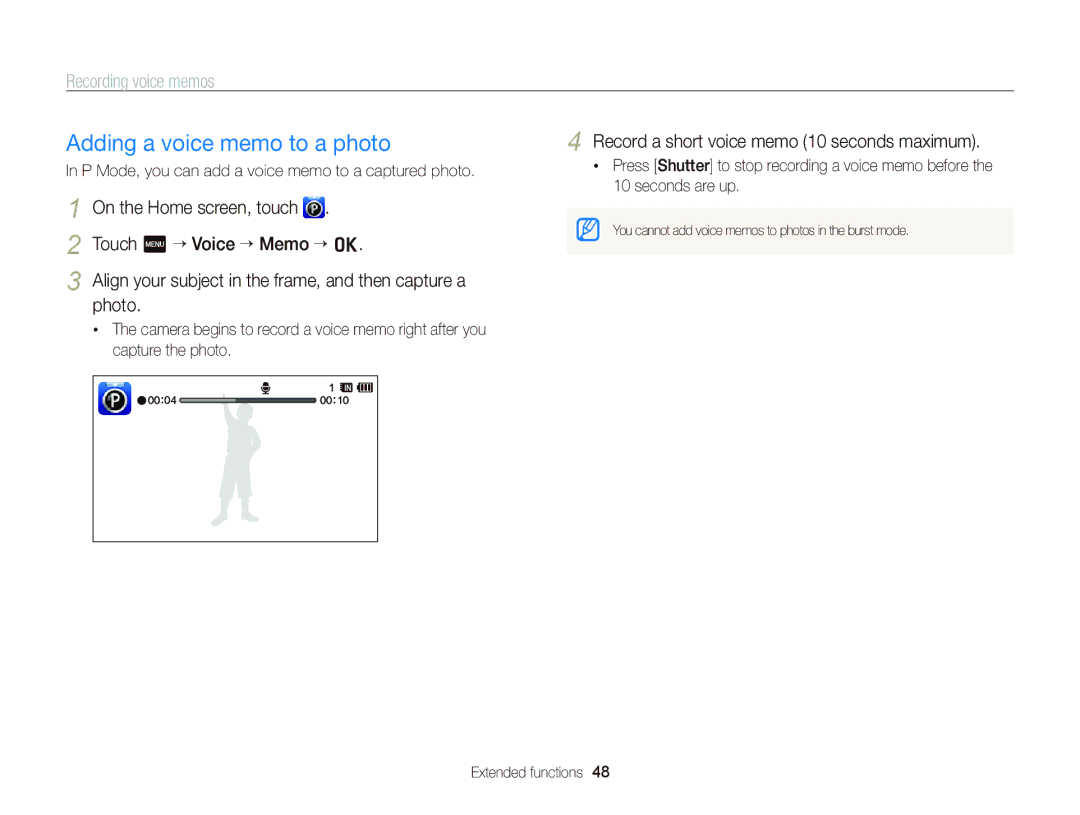 Samsung EC-WB210ZBPSIL manual Adding a voice memo to a photo, Recording voice memos, Touch m “ Voice ““Memo ““o, Photo 