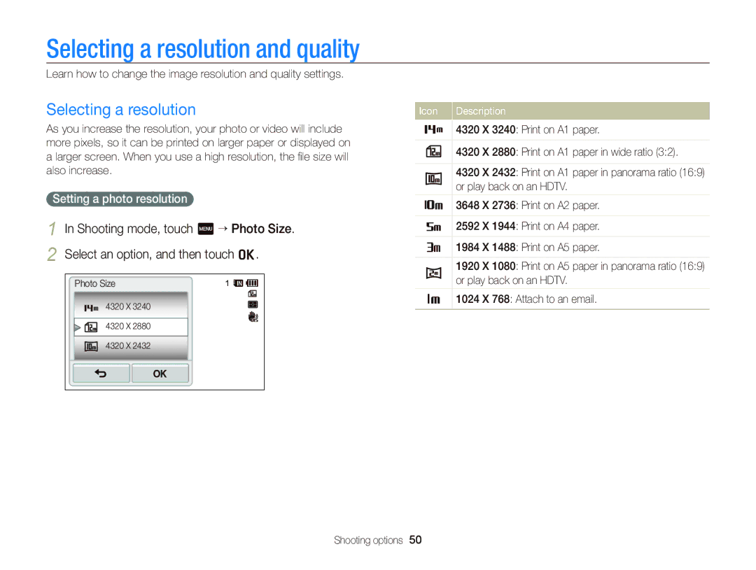 Samsung EC-WB210ZBPSE1, EC-WB210ZBPRE1, EC-WB210ZBPBE1 manual Selecting a resolution and quality, Setting a photo resolution 