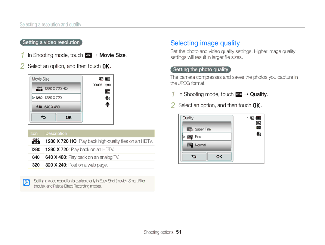 Samsung EC-WB210ZBDSVN manual Selecting image quality, Selecting a resolution and quality, Setting a video resolution 