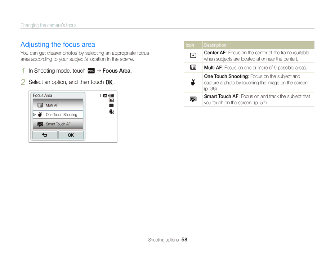 Samsung EC-WB210ZBPBRU manual Adjusting the focus area, Shooting mode, touch m “ Focus Area, You touch on the screen. p 