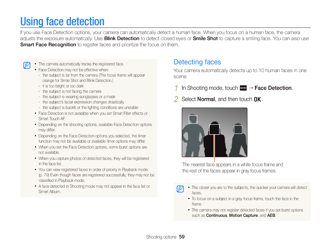 Samsung EC-WB210ZBPRE1, EC-WB210ZBPBE1, EC-WB210ZBPSSA, EC-WB210ZDPRIR, EC-WB210ZDPSME Using face detection, Detecting faces 