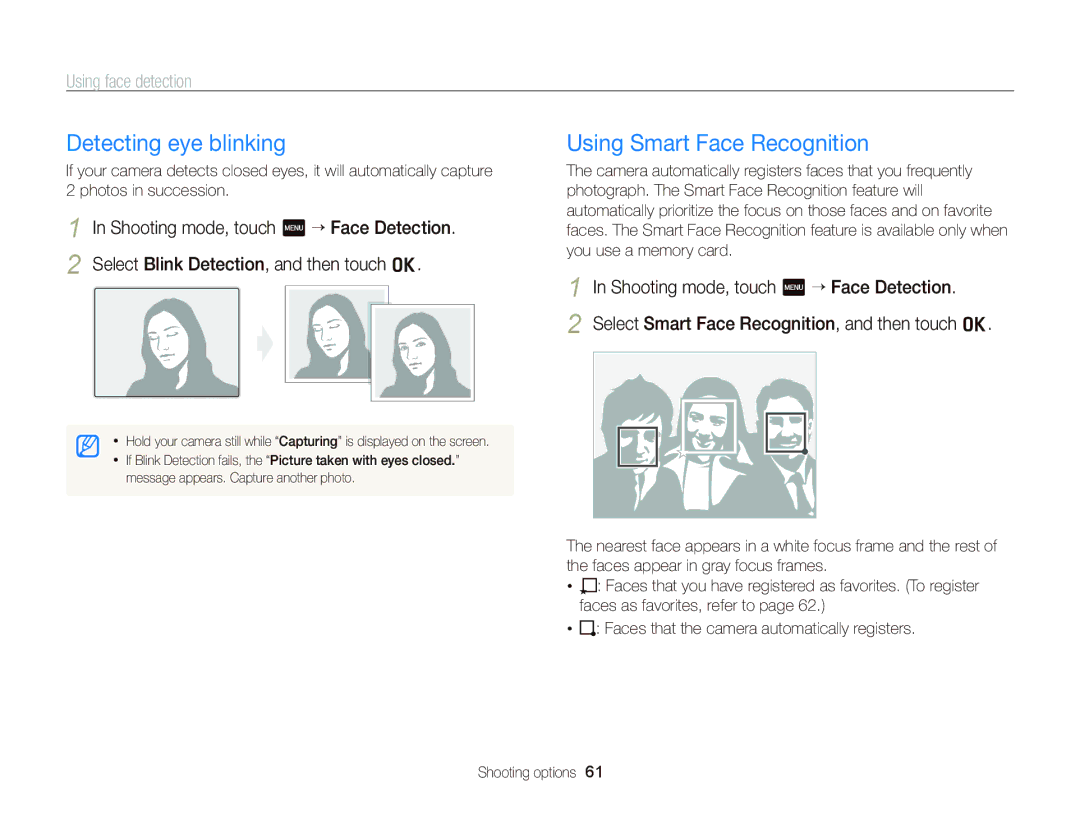 Samsung EC-WB210ZBPSSA, EC-WB210ZBPRE1, EC-WB210ZBPBE1, EC-WB210ZDPRIR Detecting eye blinking, Using Smart Face Recognition 