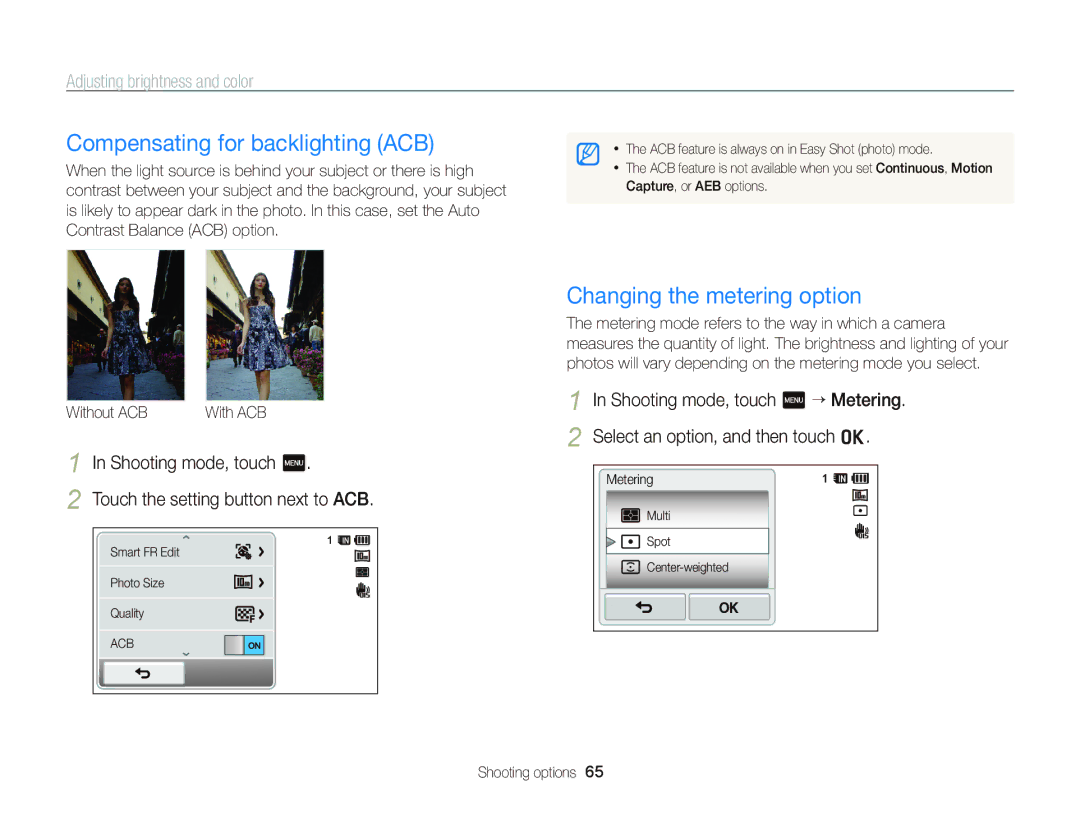 Samsung EC-WB210ZBPBSA Compensating for backlighting ACB, Changing the metering option, Adjusting brightness and color 