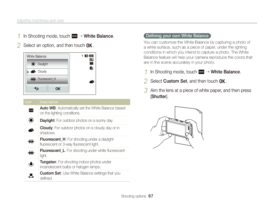 Samsung EC-WB210ZBPBIL, EC-WB210ZBPRE1, EC-WB210ZBPBE1, EC-WB210ZBPSSA, EC-WB210ZDPRIR manual Deﬁning your own White Balance 