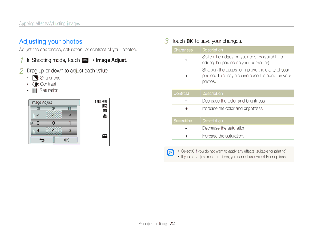 Samsung EC-WB210ZBDBVN manual Adjusting your photos, Sharpness Description, Editing the photos on your computer, Contrast 