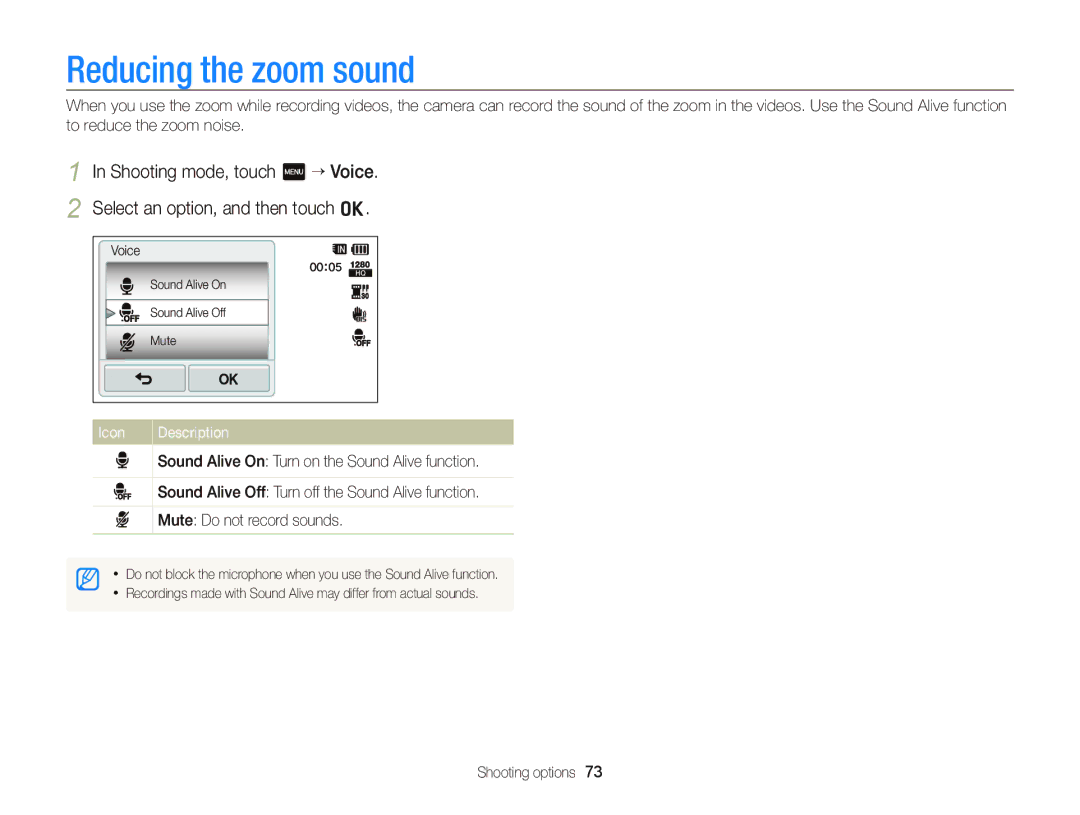 Samsung EC-WB210ZBPBE3, EC-WB210ZBPRE1, EC-WB210ZBPBE1, EC-WB210ZBPSSA manual Reducing the zoom sound, Icon Description 