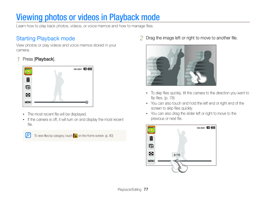 Samsung EC-WB210ZBPSRU Viewing photos or videos in Playback mode, Starting Playback mode, Press Playback, Playback/Editing 