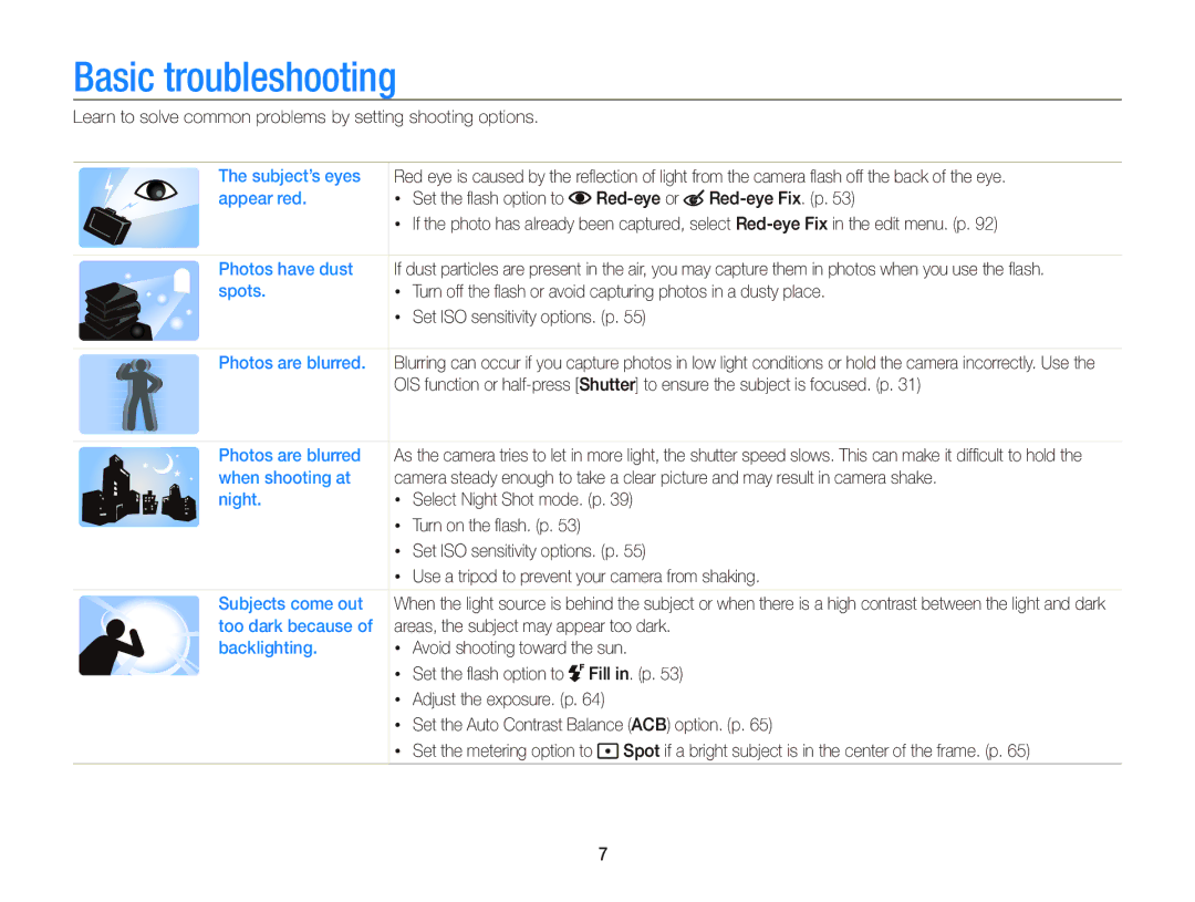 Samsung EC-WB210ZBPBIL, EC-WB210ZBPRE1 Basic troubleshooting, Learn to solve common problems by setting shooting options 