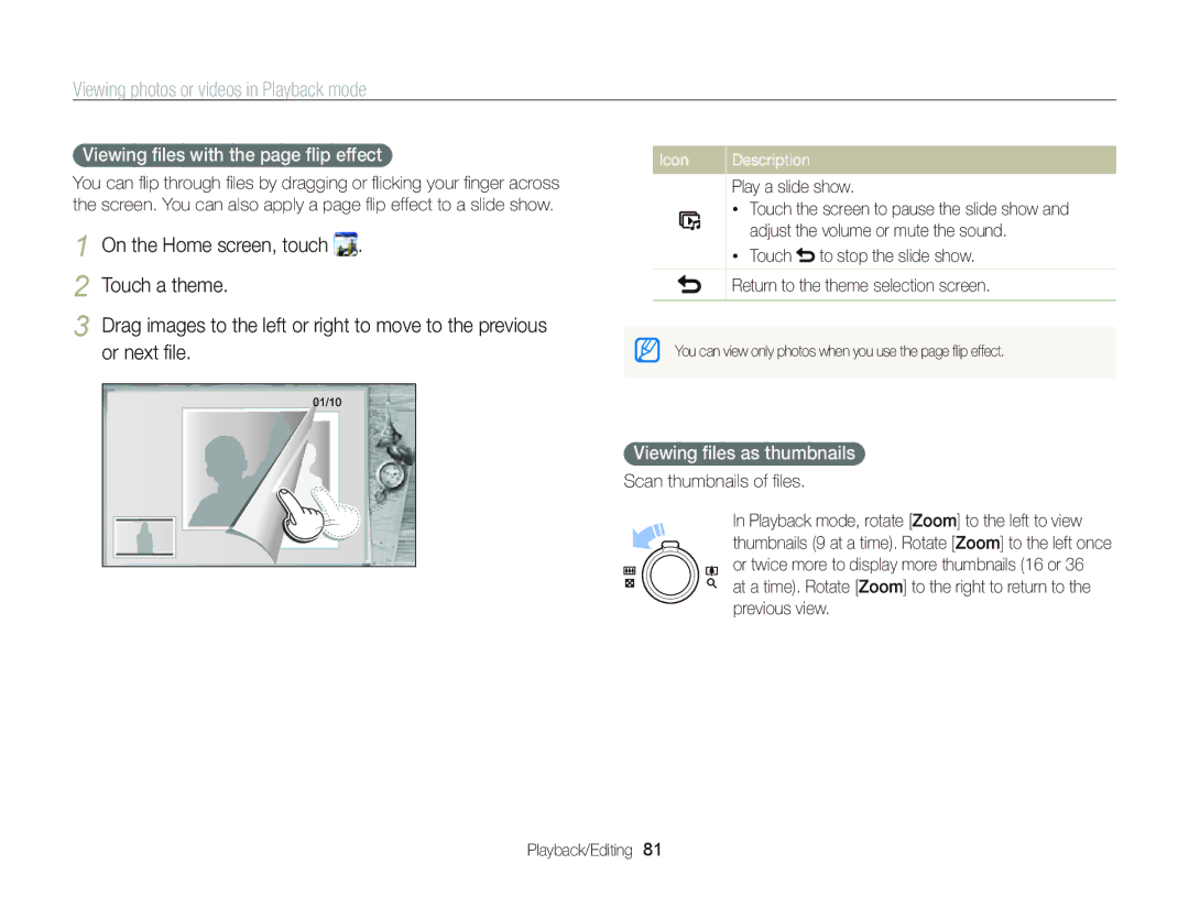 Samsung EC-WB210ZBPSSA manual Touch a theme, Or next ﬁle, Viewing ﬁles with the page ﬂip effect, Viewing ﬁles as thumbnails 