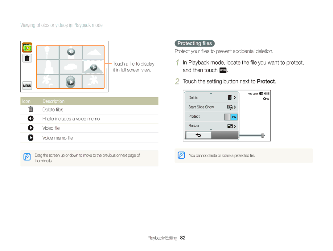 Samsung EC-WB210ZDPRIR, EC-WB210ZBPRE1, EC-WB210ZBPBE1 manual Protecting ﬁles, Delete ﬁles, Video ﬁle, Voice memo ﬁle 